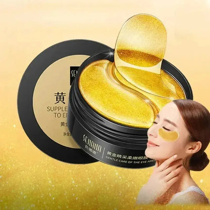 Golden eye mask jar with stacked gold gel pads and model wearing under-eye masks