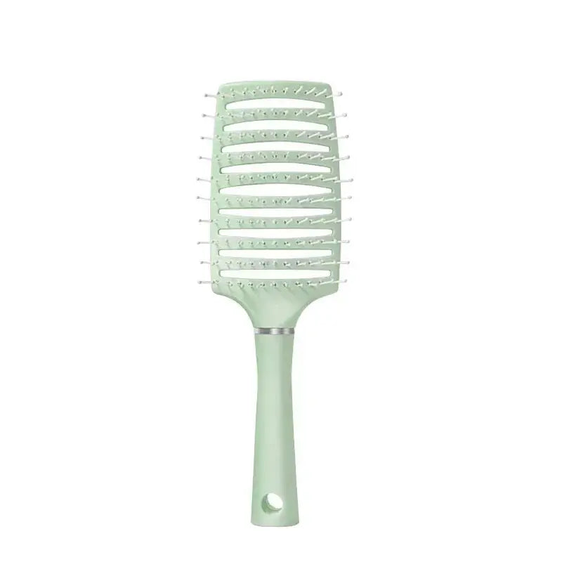 Green wet hair massage comb brush with anti-static pins and long grip handle.