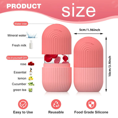 Pink silicone face ice cube mold with ribbed shape, shown with size guide