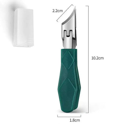 Toenail clipper nipper, teal-green handle with stainless-steel blades and size measurements