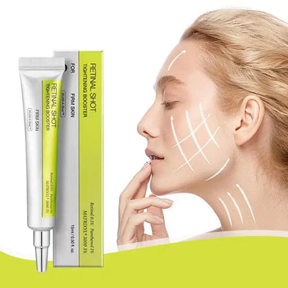 Skincare booster cream tubes shown next to model with facial crosshatch lines