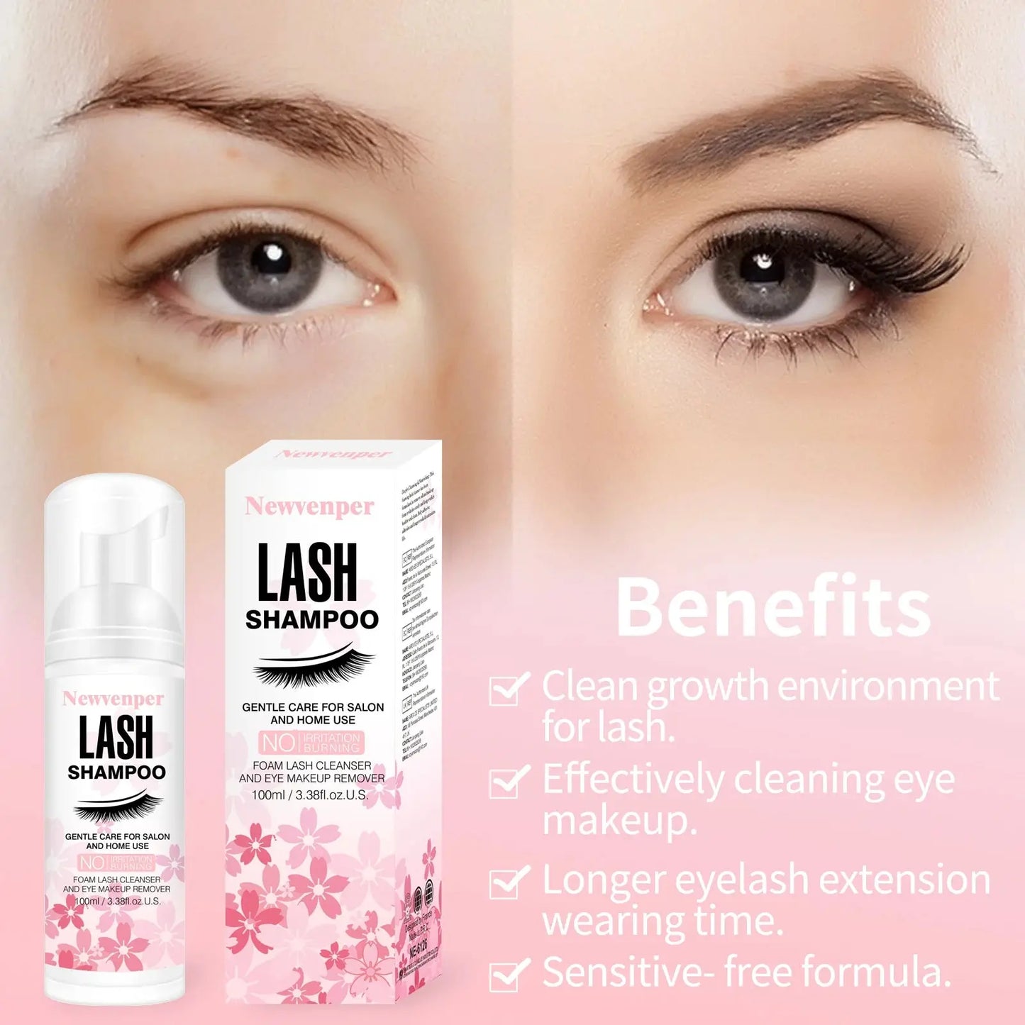 Lash shampoo bottle and boxed cleanser with pink flower design