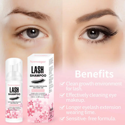 Lash shampoo bottle and boxed cleanser with pink flower design
