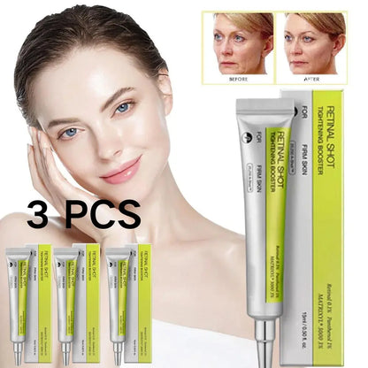3-pack skincare cream tubes with green and silver labels; woman portrait