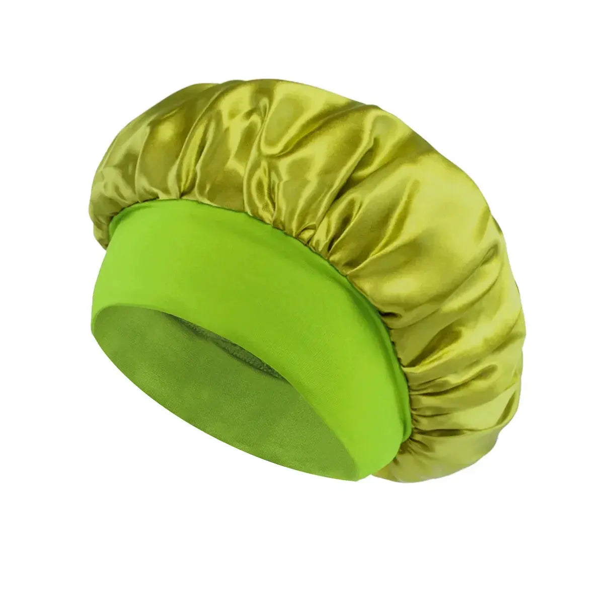 Satin hair bonnet for sleeping, bright green wide-brim style with elastic band.