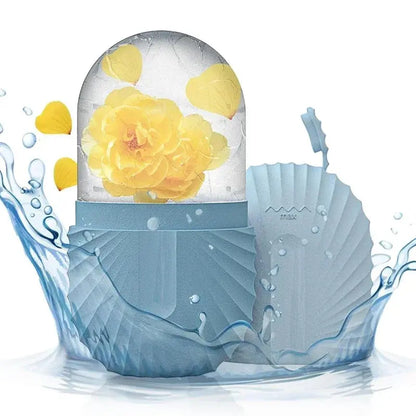 Silicone ice facial roller with blue silicone body and yellow flower ice dome