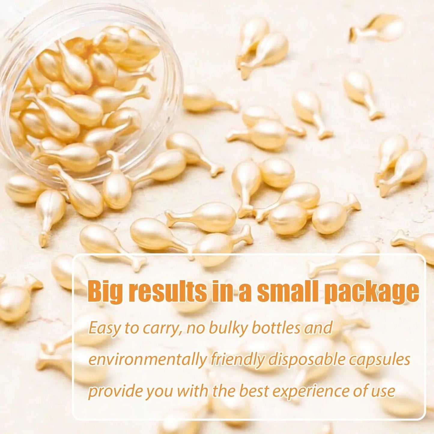 Gold fullerene placenta serum capsule-like beads spilled and glossy
