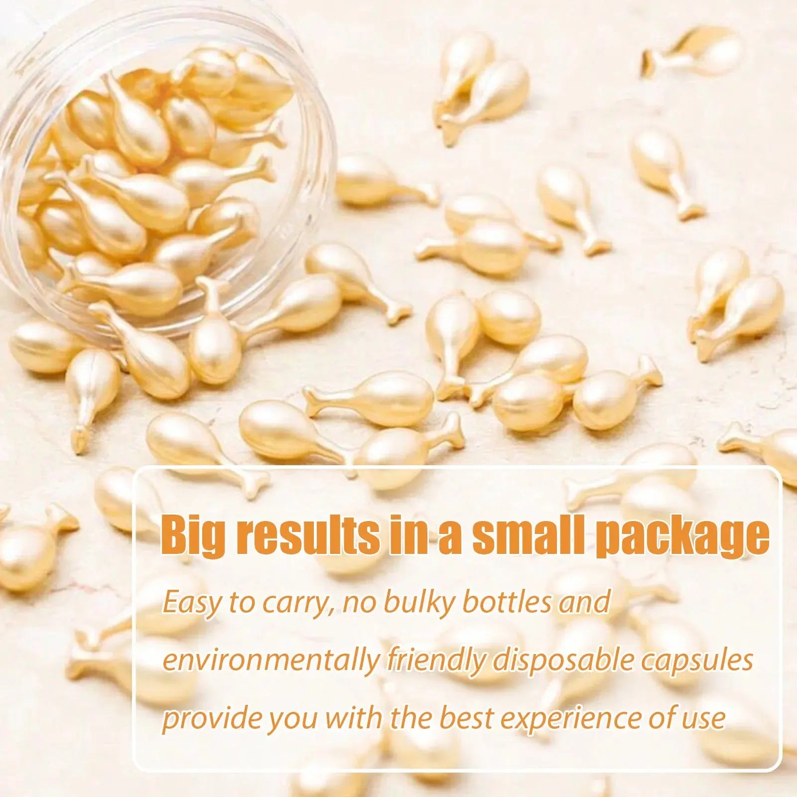 Gold fullerene placenta serum capsule-like beads spilled and glossy