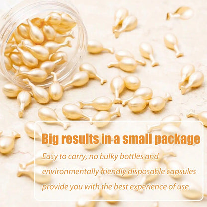 Gold fullerene placenta serum capsule-like beads spilled and glossy