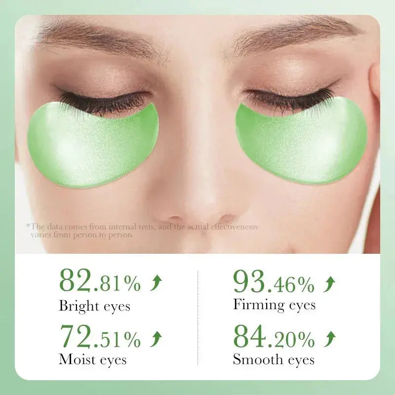 Green under-eye gel patches on a model's face