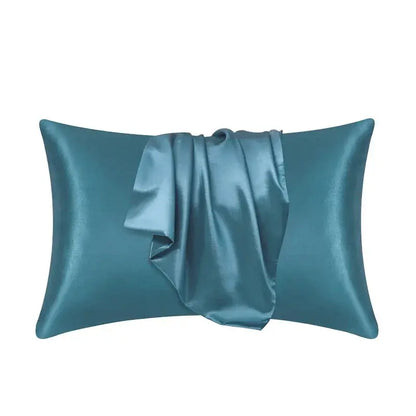 Teal satin silk pillow case with gathered center flap and glossy smooth finish