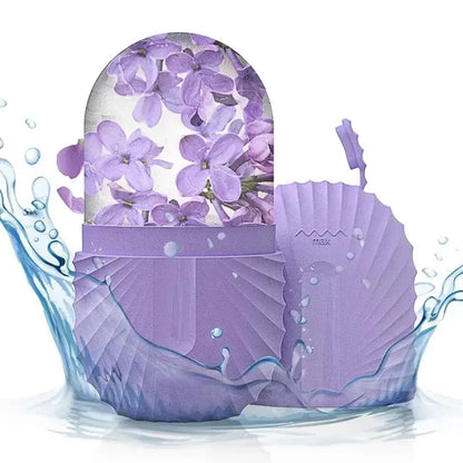 Silicone ice facial roller with purple floral ice dome and purple silicone body