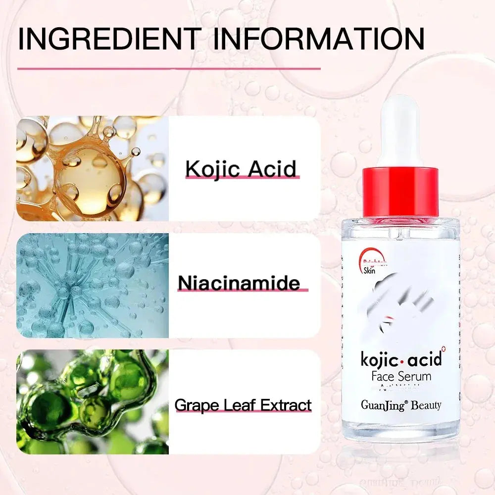 Red-capped face serum bottle with ingredient panel for kojic acid and niacinamide