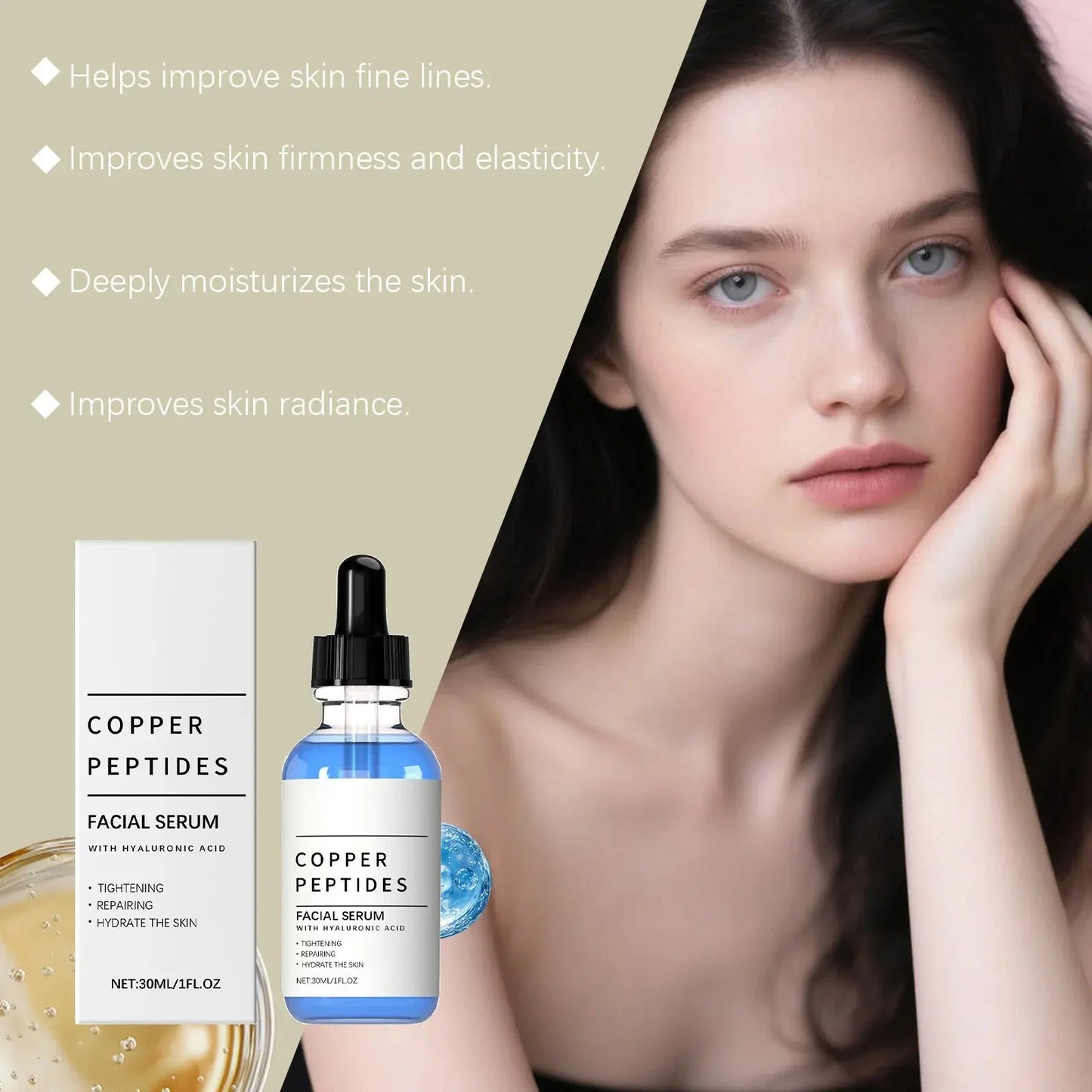 Woman beside small copper peptides facial serum bottle and box with bullet labels