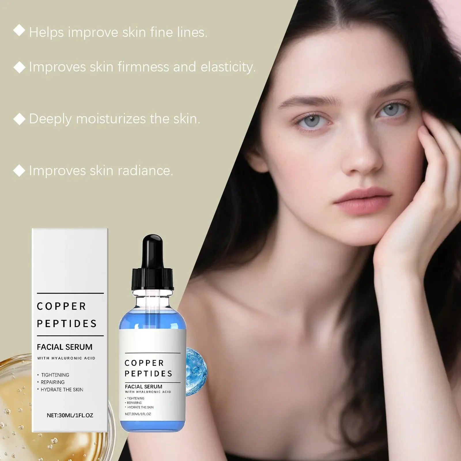 Woman beside small copper peptides facial serum bottle and box with bullet labels
