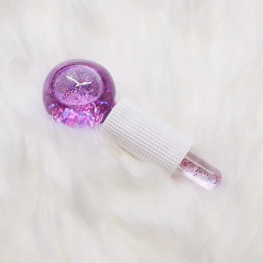 Purple glitter ice crystal ball facial roller set with textured white handle, 2-piece pair