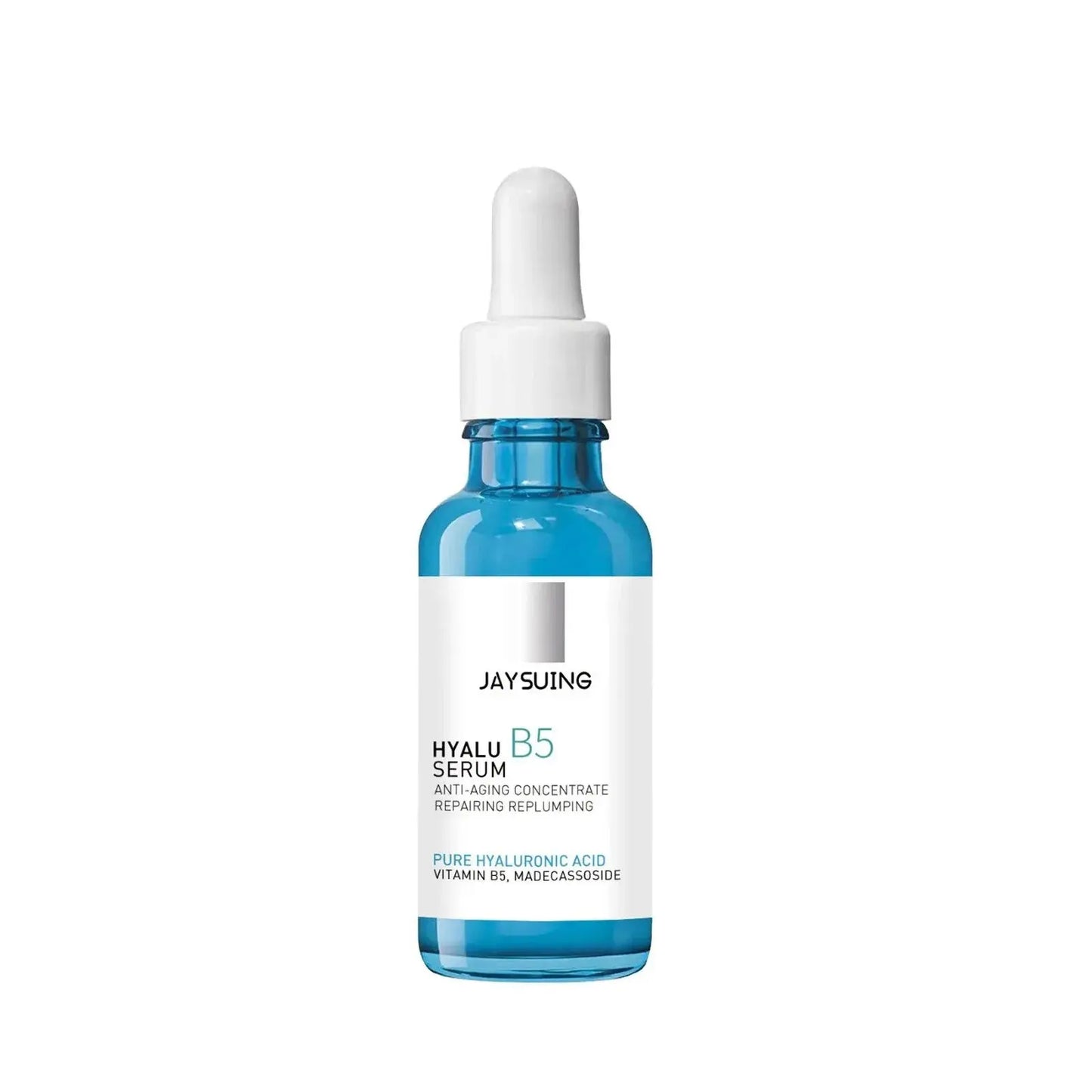 Hyaluronic acid facial serum bottle with white dropper cap, blue liquid glass