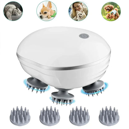 White head massager with multiple detachable silicone massage heads and nodes.