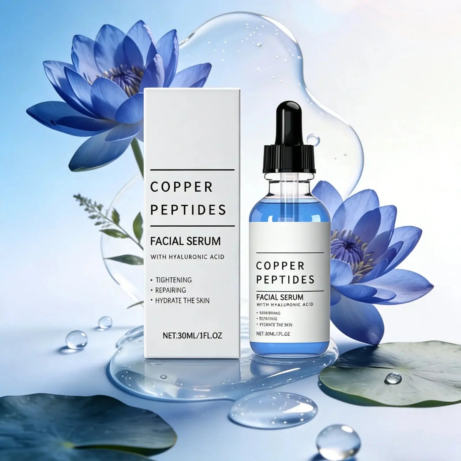 Copper peptides facial serum: white box and blue dropper bottle