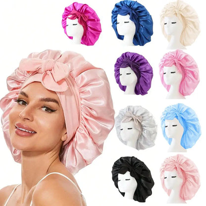 Set of satin silk hair bonnets in multiple colors with ruched ruffle and tie band