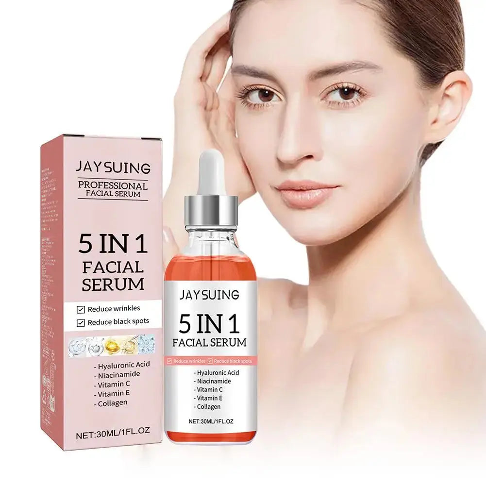 Facial serum bottle with dropper and box beside model face, orange serum in bottle.