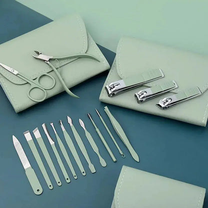 Mint manicure tool set with clippers and nail files on small padded pouches