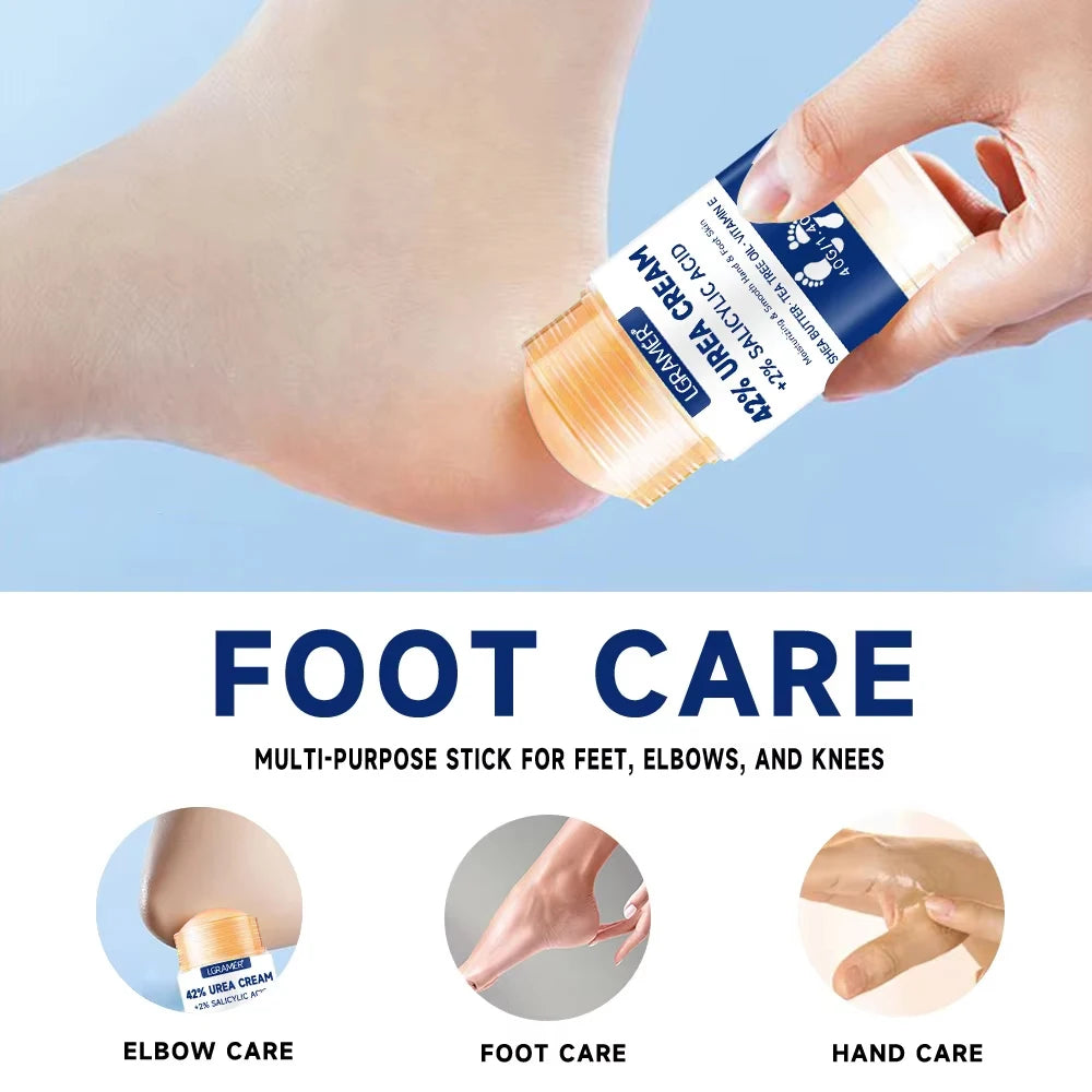Foot and hand cream being applied to a heel, small blue-labeled squeeze bottle