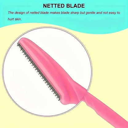 Pink eyebrow trimmer with netted blade, close-up of toothed cutting edge