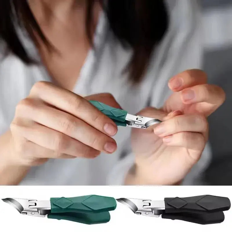 Toenail clipper nipper held in hands, stainless-steel cutting head with teal-green handle