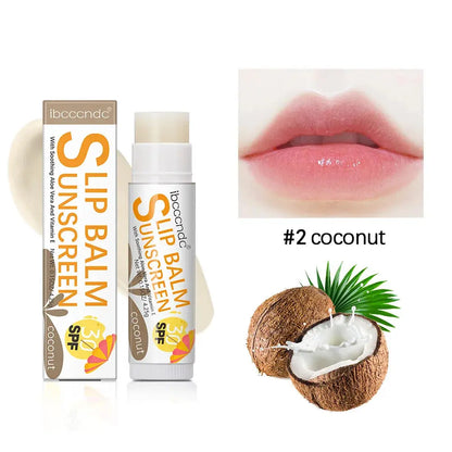 Coconut lip balm SPF 30 stick with glossy lips and coconut half