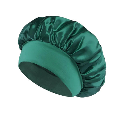 Dark green satin sleeping hair bonnet with wide band and gathered top