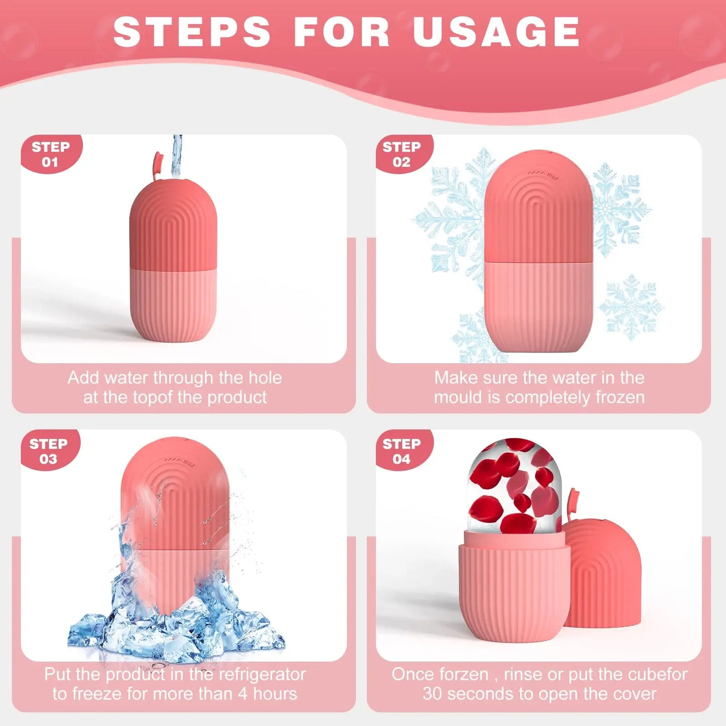 Silicone face ice cube mold in pink; usage steps shown with arched lid and cube insert