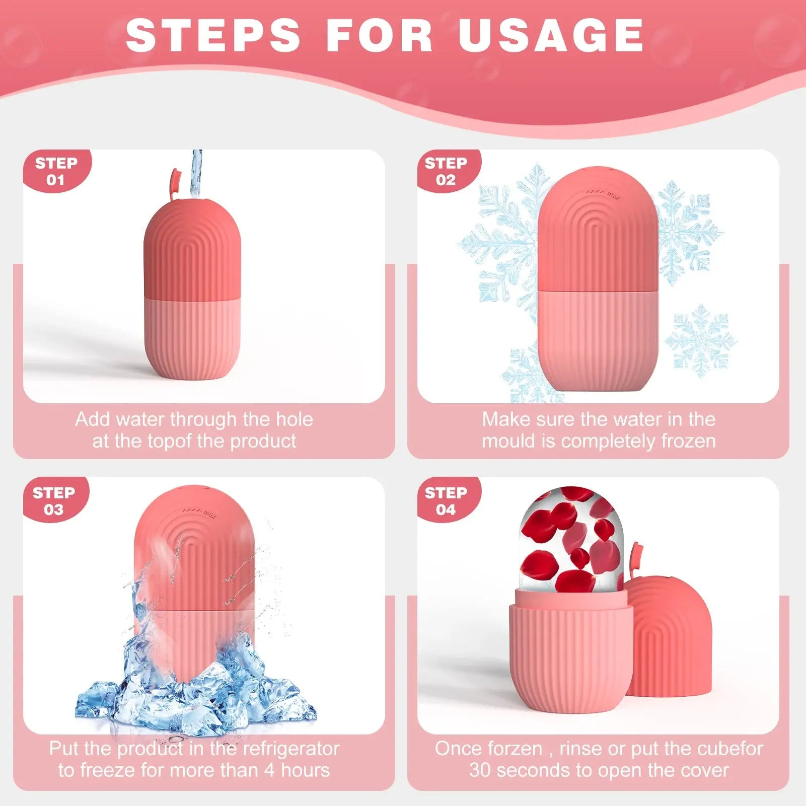 Silicone face ice cube mold in pink; usage steps shown with arched lid and cube insert