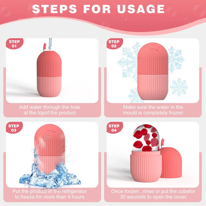 Pink silicone face ice cube mold usage steps diagram with illustrated mold