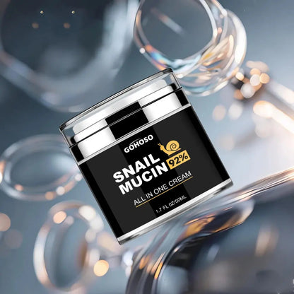 Angled snail mucin all-in-one cream jar with 92% label and silver lid