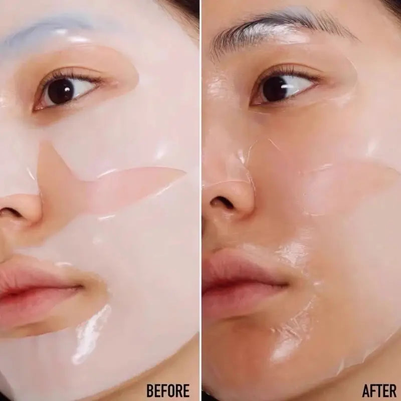 Collagen facial mask on face, before-and-after skin smoothing effect