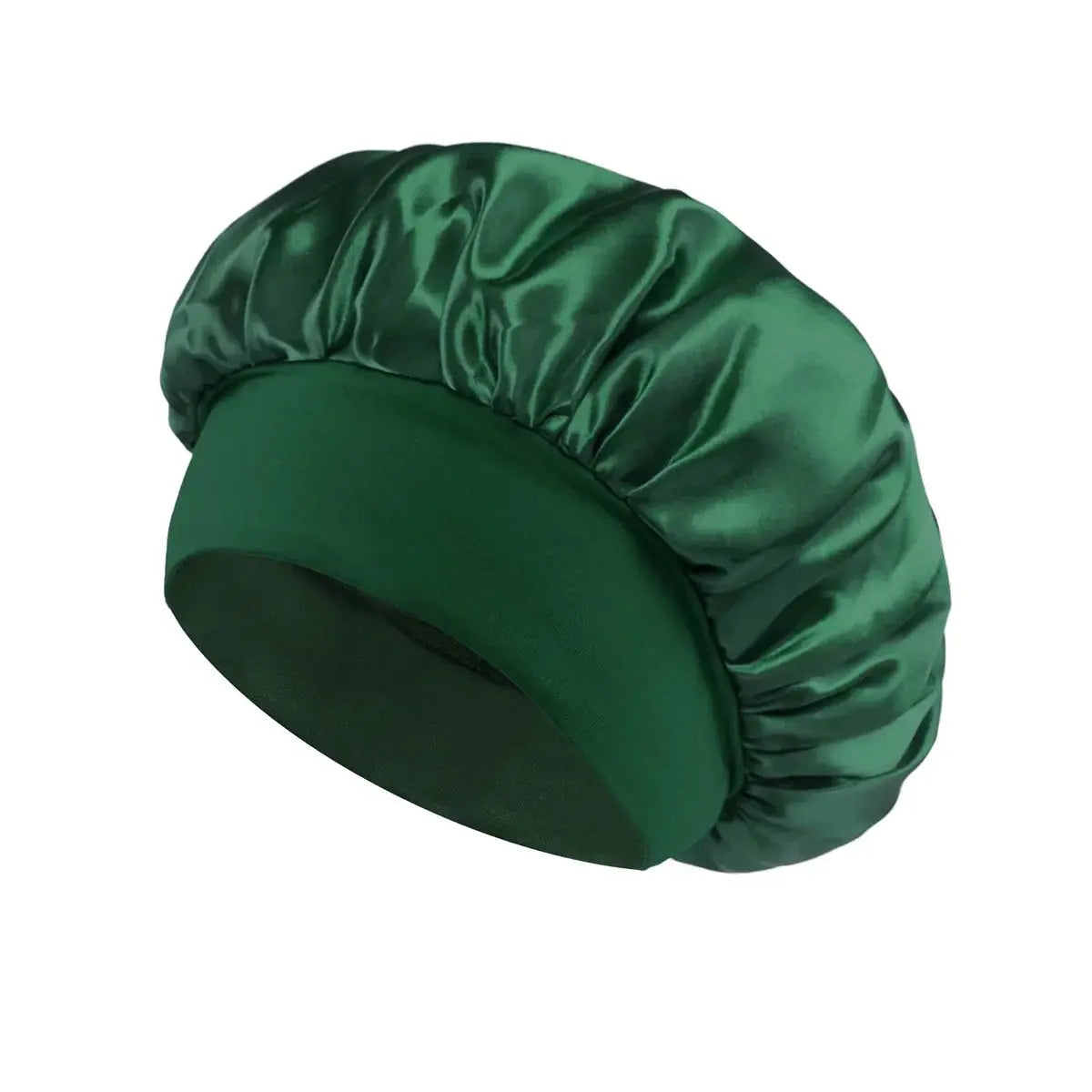 Deep green satin sleeping hair bonnet with wide band and gathered top