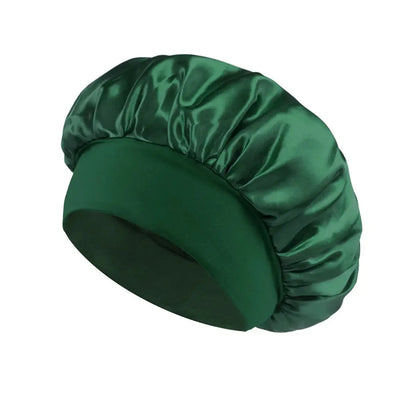 Deep green satin sleeping hair bonnet with wide band and gathered top
