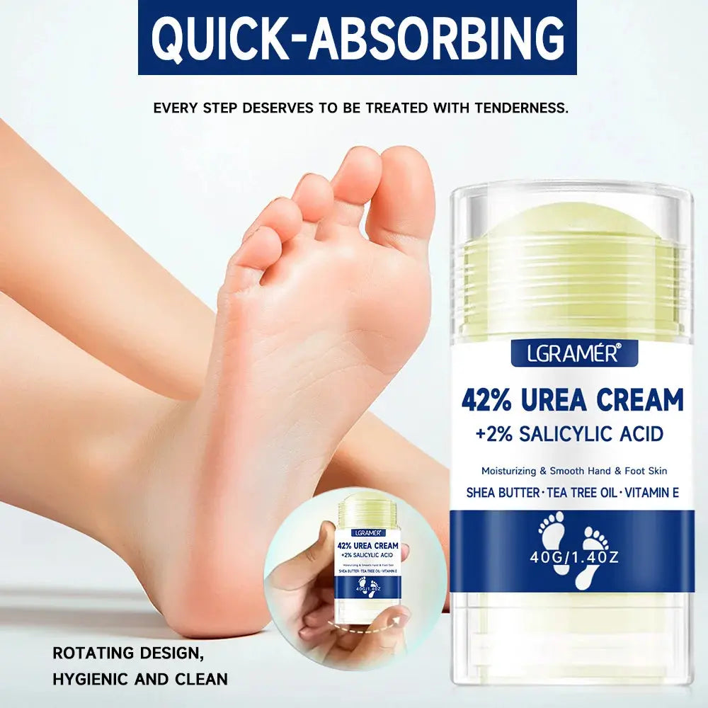 LGRAMER 42% urea foot cream jar with 2% salicylic acid next to a foot