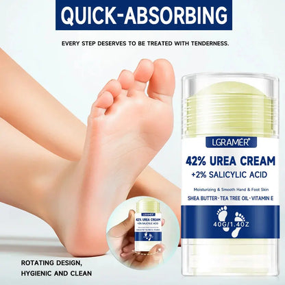 LGRAMER 42% urea foot cream jar with 2% salicylic acid next to a foot