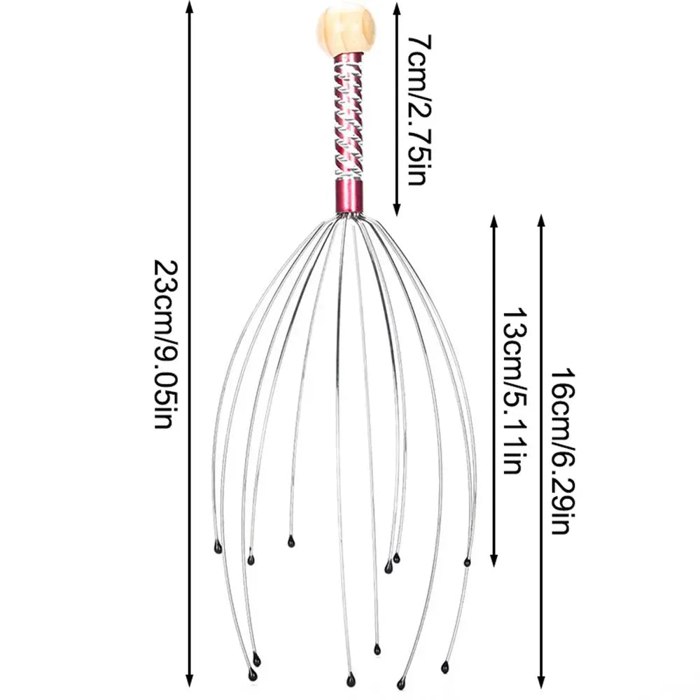 Octopus head scalp massager size diagram with red braided handle and wire tentacles