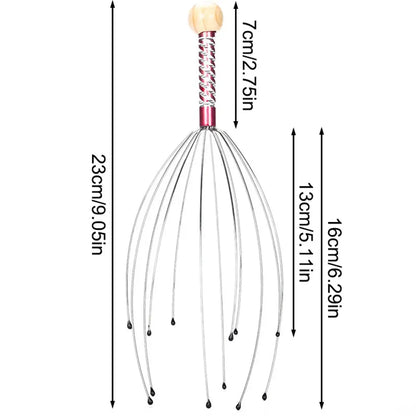 Octopus head scalp massager size diagram with red braided handle and wire tentacles