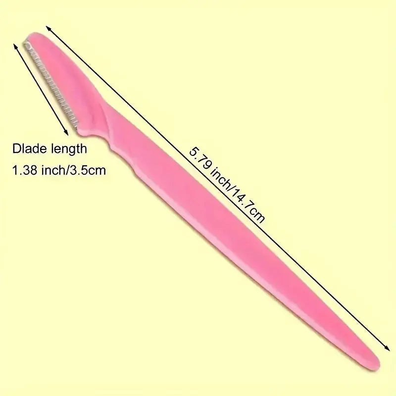 Pink eyebrow trimmer with long blade, showing length measurement on the handle