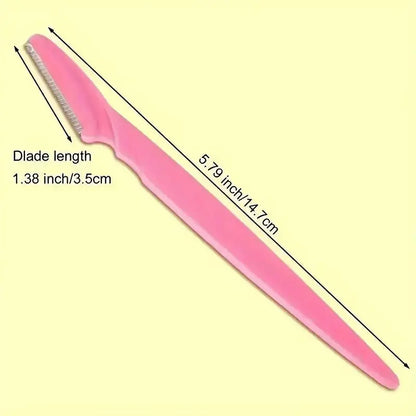 Pink eyebrow trimmer with long blade, showing length measurement on the handle