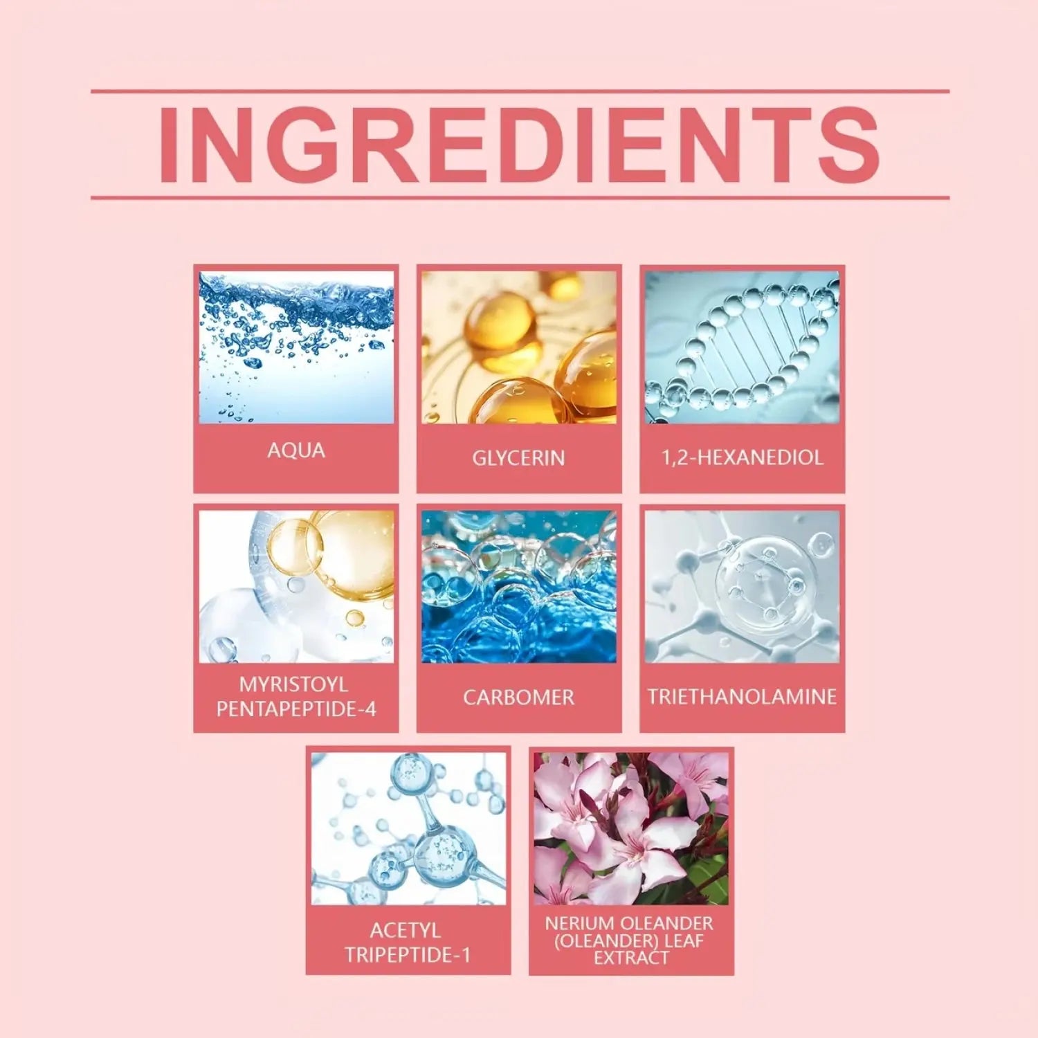 Eyelash oil serum ingredient cards in a pink grid layout