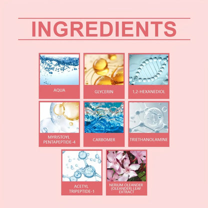 Eyelash oil serum ingredient cards in a pink grid layout