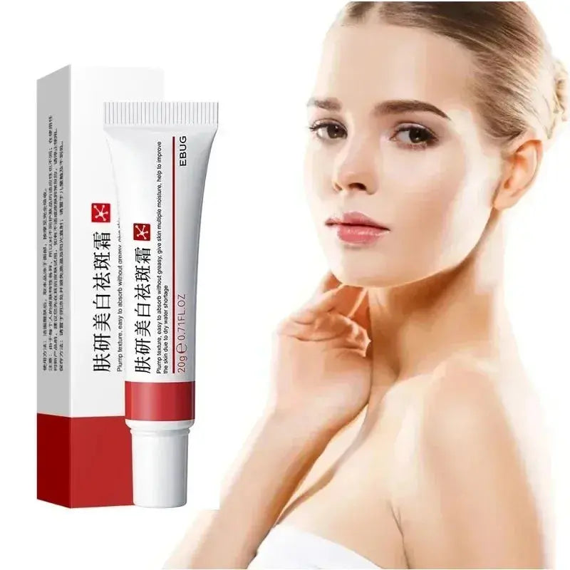 Freckle whitening cream tube with box, shown beside skincare model portrait