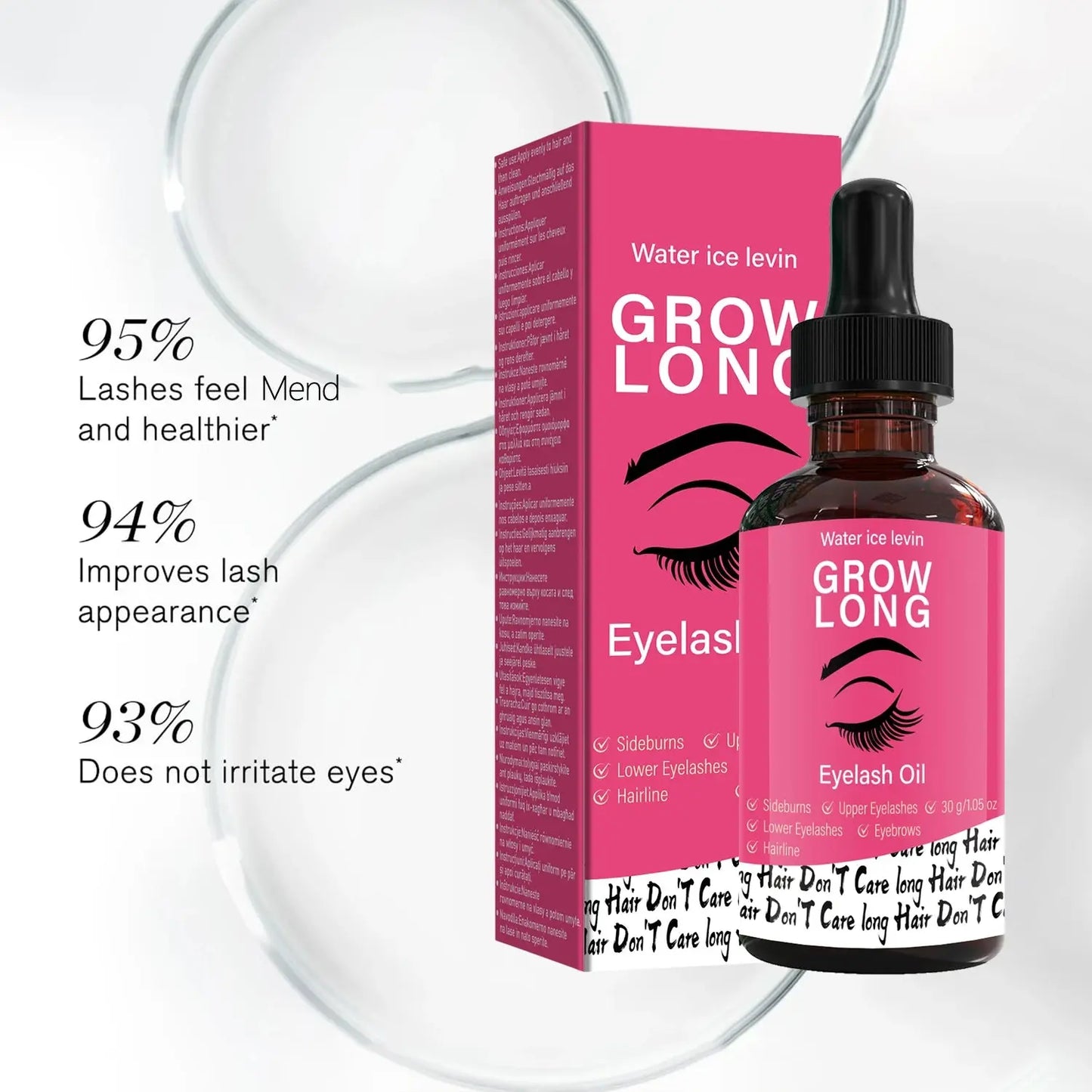 Eyelash oil serum bottle and pink carton beside clear glass container