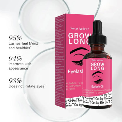 Eyelash oil serum bottle and pink carton beside clear glass container