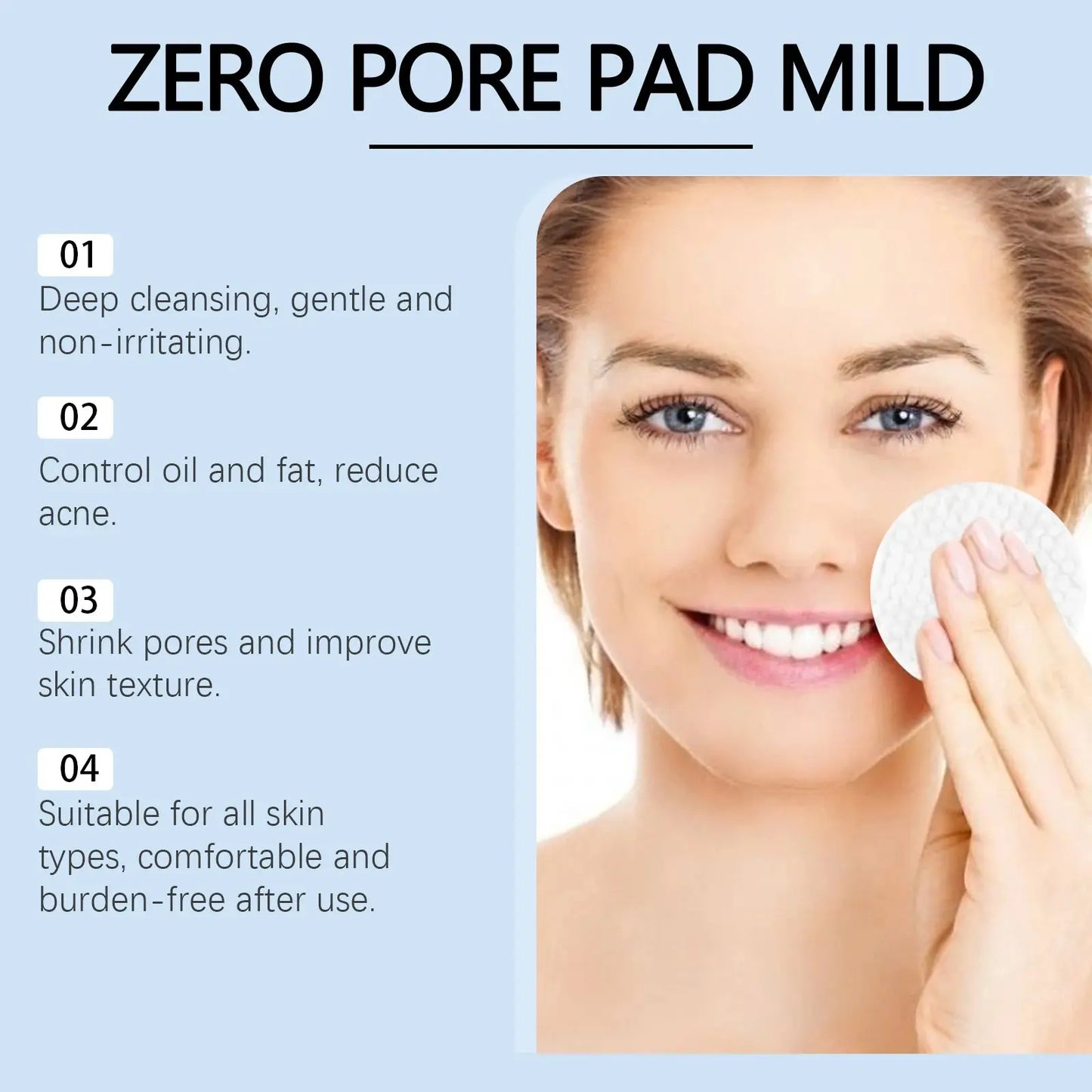 Facial toner pads: white cotton pad held to the cheek on a smiling woman